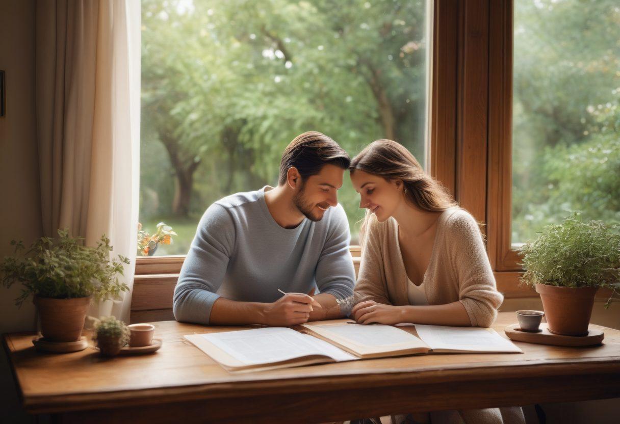 A warm and inviting scene depicting a couple reviewing insurance policies together at a cozy wooden table, surrounded by symbols of love and protection like hearts, shields, and family portraits. Outside the window, a beautiful garden symbolizes growth and milestones in their relationship. The overall mood is supportive and reassuring, showcasing the importance of safeguarding their journey together. soft colors, super-realistic, cozy atmosphere.