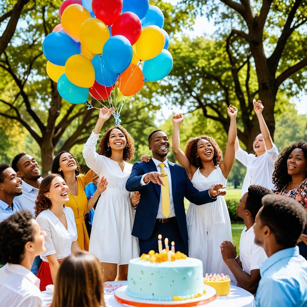A vibrant and diverse group of people from different backgrounds joyfully celebrating milestones such as graduations, weddings, and home purchases, all while interacting with insurance documents. The setting is a sunny park filled with colorful balloons, giving a festive vibe. Include elements like a cake with figurines representing life events and a friendly insurance agent discussing options. super-realistic. vibrant colors. sunny ambiance.